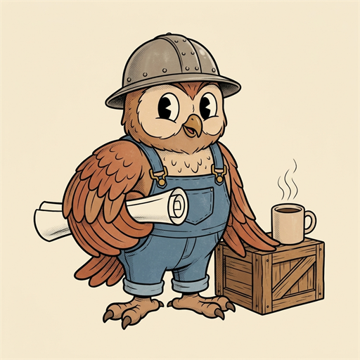 1930s cartoon owl wearing a vintage construction helmet with blueprints and coffee at The Night Owl Fullerton